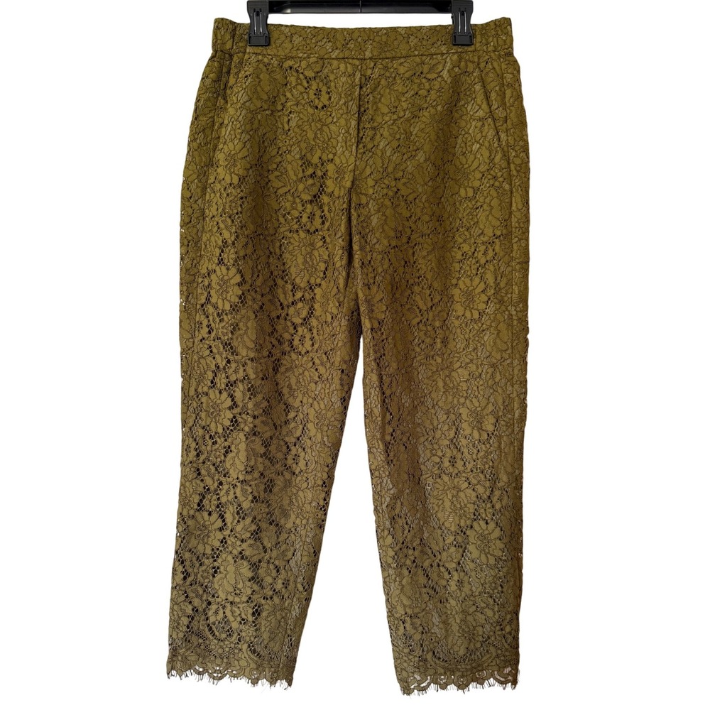 J.Crew Olive Green Floral Lace‎ Cropped Pants Scalloped Hem Size 8